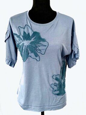 Sharon Young Embroidered Tee, Ruffle Sleeves, Mood Indigo, Chambray, Size Small